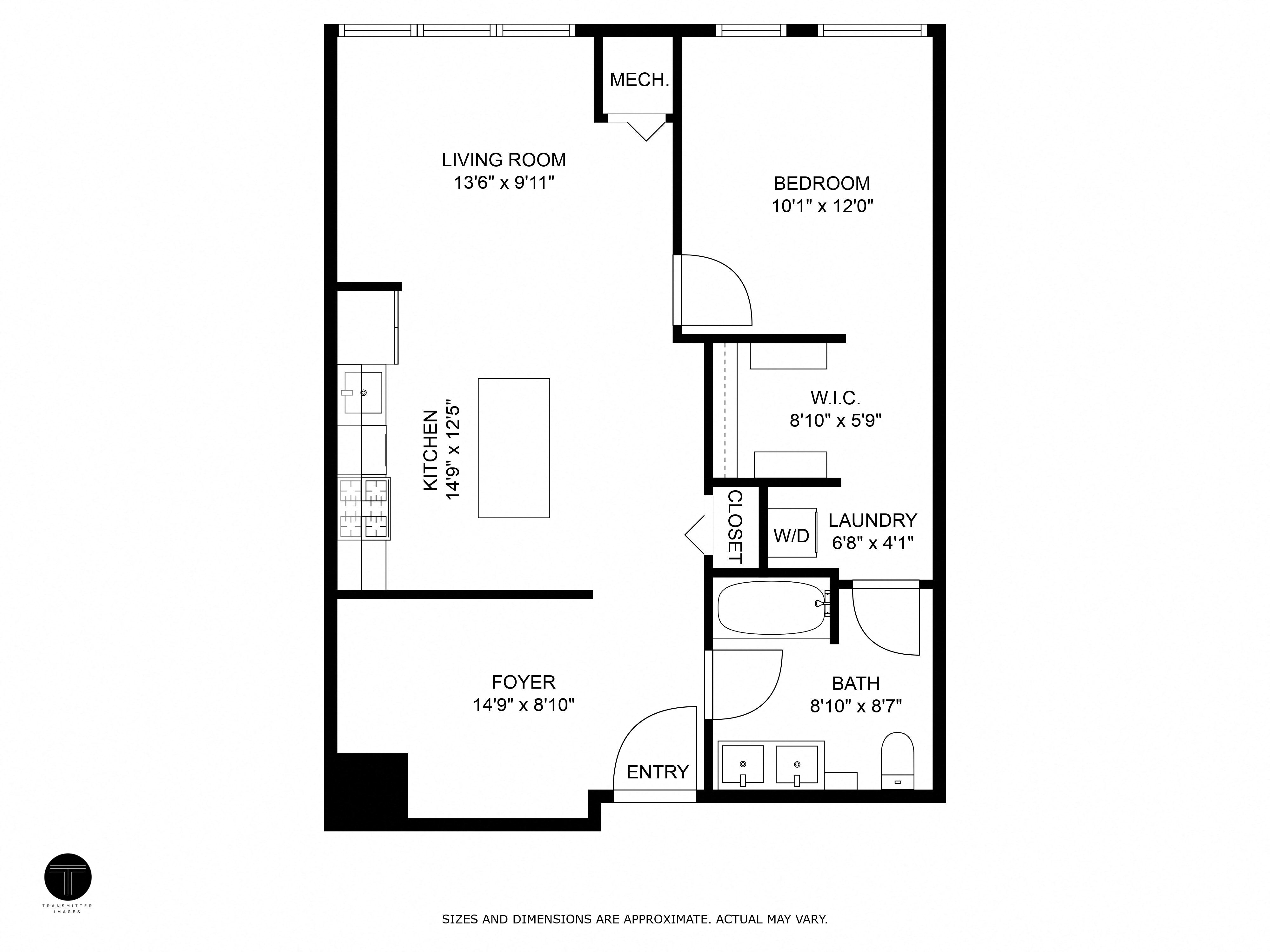 Floor plan for 1 bed, 1 bath, 822 sqft